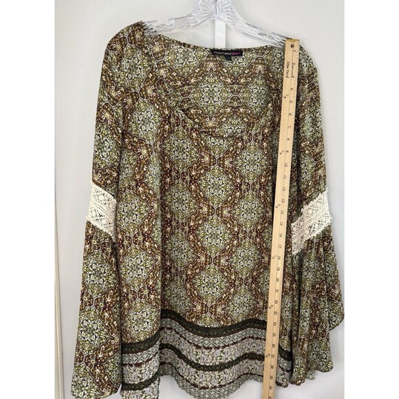 HeartSoul Plus 2X Boho Blouse Bell Sleeve Lace Trim Multicolor Tunic Top - Picture 5 of 8